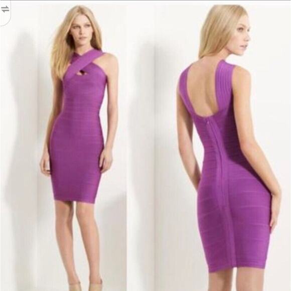 Herve Leger Criss Cross Bodycon Bandage Dress Purple $1050 XS - Picture 2 of 9